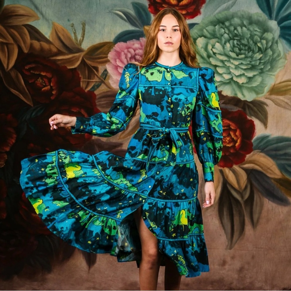 Celia B Hasu Dress Embroidered Midi Puff Sleeves Tiered Skirt Blue Green Print
